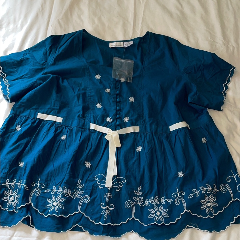 Chelsea Studio NWOT Teal Embroidered Peasant Blouse w White Trim. Cotton. 2X
